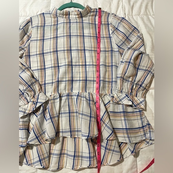 ANTHROPOLOGIE Maeve Plaid Ruffle Blouse Top Long Sleeve High Low Hem SZ 10 EUC - Picture 9 of 10